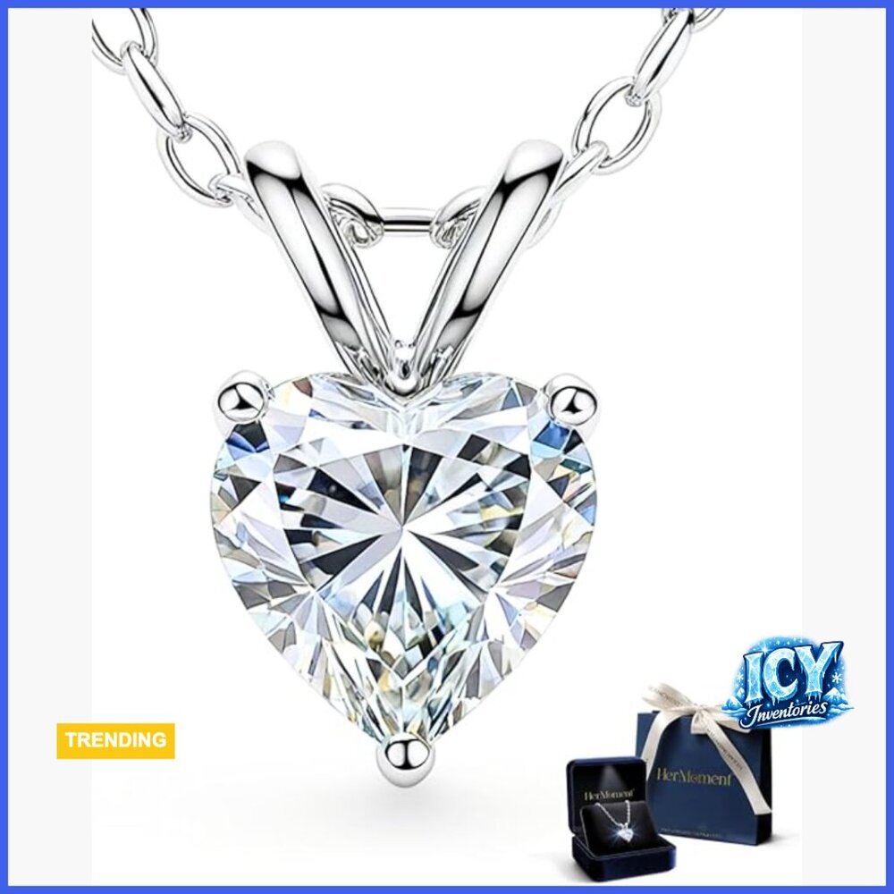 White Gold Plated Sterling Silver Moissanite Heart Pendant Necklace